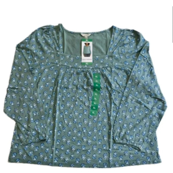Lucky Brand Long Sleeve Top, Square Neck, Green Floral Pattern, Boho Small - Picture 4 of 10